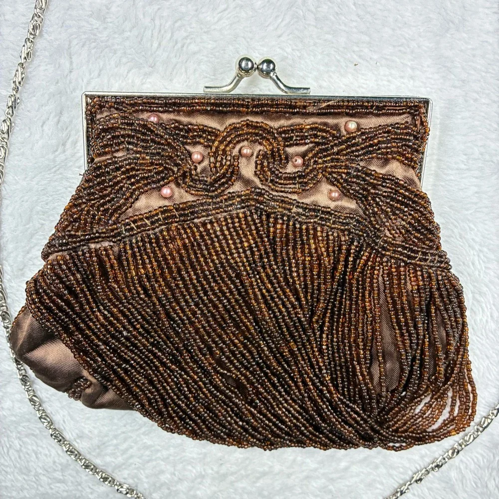 Bijoux Terner Brown Beaded Fringe Satin Evening Bag Clutch Silver Chain Strap